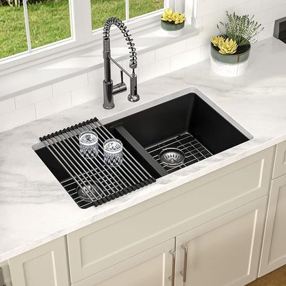 Dcolora 33 inch Quartz Matte Black Granite Composite Double Bowl Undermount Kitchen Sink Basin Deep 50/50 Split, DC-GU7761