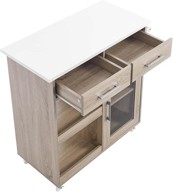 Modway Culinary Rolling Kitchen Cart with Storage in Oak White - 3 Tiers Kitchen Island on Wheels with Towel Bar, Functional as a Coffee Station, Bar Cabinet or Butcher Block Island