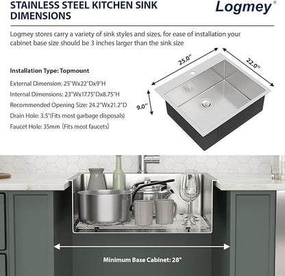 Logmey 25 Inch Drop In Kitchen Sink - 25x22 In Handmade Stainless Steel Kitchen Sinks 16 Gauge Topmount Sink Single Bowl Round Corner Sink Bar Sink Prep 25x22x9 Inches