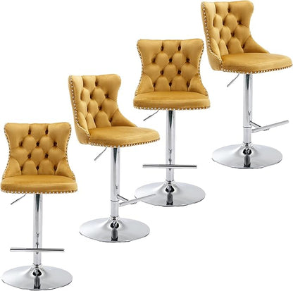 Rhomtree Velvet Swivel Bar Stools Upholstered Bar Stool with Button Tufted Back and Pull Ring Height Adjustable Barstools 25-33 Inch for Home Pub and Kitchen Island (Gold with Silver Base, Set of 4)