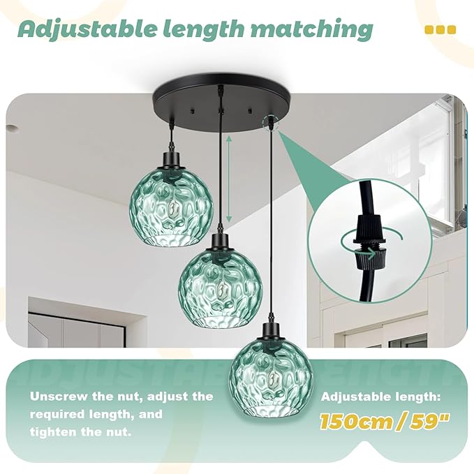 3-Light Vintage Chandelier Green Glass Globe Pendant Light Kitchen Island Mid Cenytury Lamps Black Ceiling Hanging Light for Bedroom Dining Room Living Room