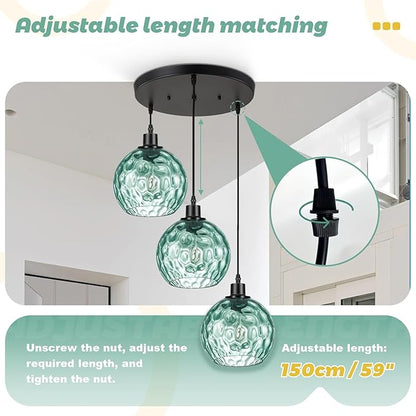 3-Light Vintage Chandelier Green Glass Globe Pendant Light Kitchen Island Mid Cenytury Lamps Black Ceiling Hanging Light for Bedroom Dining Room Living Room