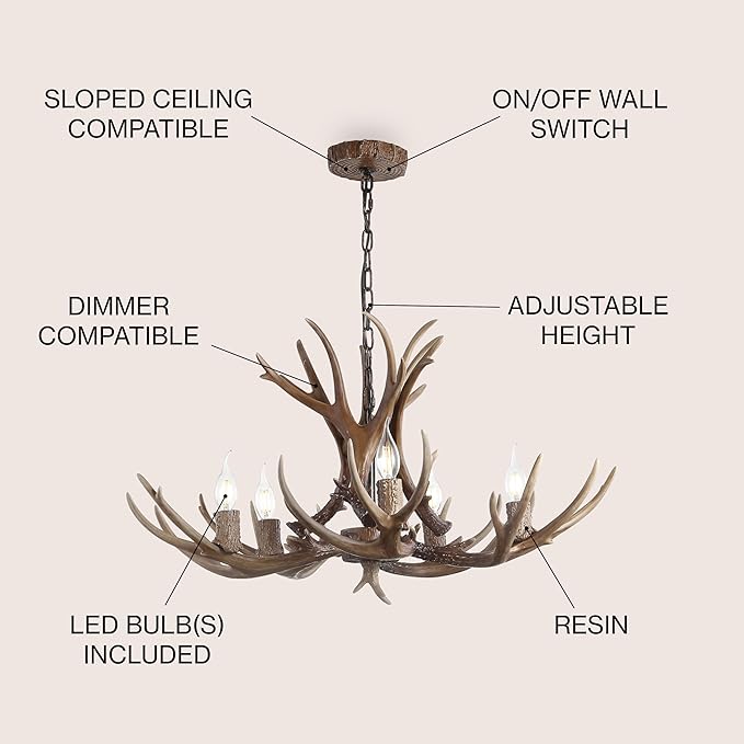 JONATHAN Y 30" Brown Rustic Resin Antler 5-Light LED Chandelier, Farmhouse Faux Deer Horn Hanging Ceiling Light for Dining Room, Kitchen Island, Adjustable Light Fixture (JYL6300A)
