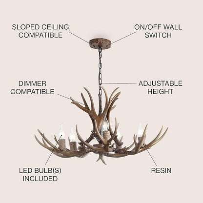 JONATHAN Y 30" Brown Rustic Resin Antler 5-Light LED Chandelier, Farmhouse Faux Deer Horn Hanging Ceiling Light for Dining Room, Kitchen Island, Adjustable Light Fixture (JYL6300A)