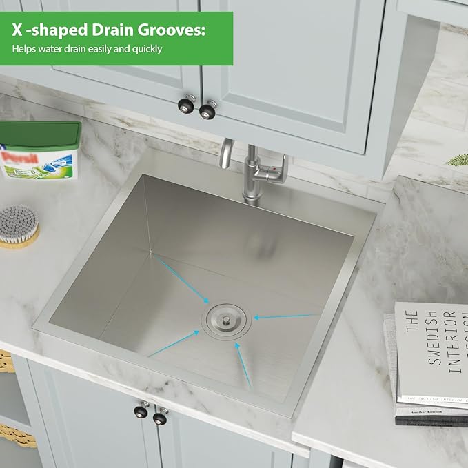 22 Inch Laundry Sink Drop In Laundry Utility Skins16 Gauge Stainless Steel Single Bowl Sink 12" Deep Single Bowl Laundry Room Sinks 22x22x12
