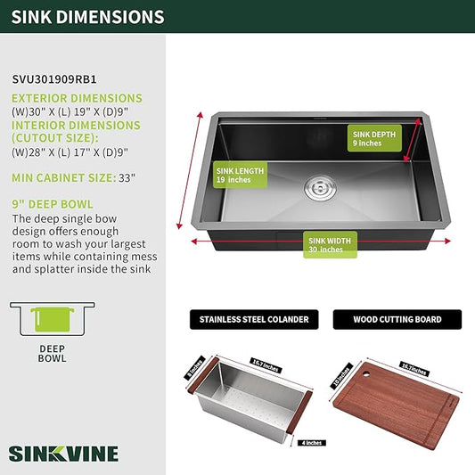 30-inch Black Undermount Kitchen Sink Workstation, SINKVINE 30x19 Large Outdoor Prep Sink, PVD Nano Stainless Steel Single Bowl w/Wood Cutting Board, SST Colander, and Roll-up Dish Drying, Dark Gray
