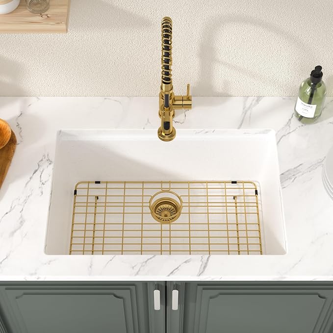 Lordear 28 Inch White Granite Composite Kitchen Sink Workstation 28x19 White Undermount Quartz Sinks Under Counter Single Bowl Sink with Classic Gold Accessories