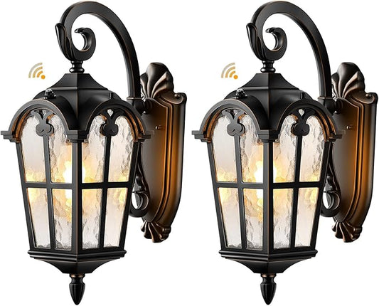 VIANIS Outdoor Lights for House, Black Dusk to Dawn Outdoor Lights with Gold Trim, 2-Pack Modern Outside Wall Light, Coach Lighting for Garage with Ripple Glass, Aluminum Waterproof and Anti-Rust