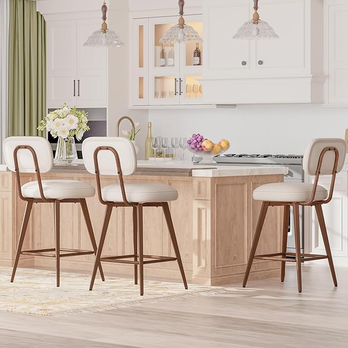 MALOL 26“ Swivel Bar Stools Set of 4, Mid Century PU Leather Counter Height Bar Chairs with Low Back and Metal Legs, Modern Bar Stool Chair for Kitchen Island, Beige