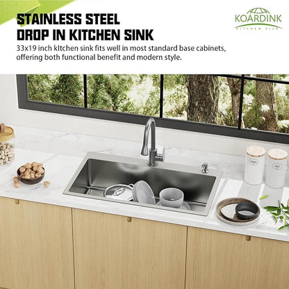 33x19 Inch Drop In Kitchen Sink-Stainless Steel Topmount Modern Single Bowl Kitchen Sink Come With Silicon Mat, Drain Strainer Set Offer Large Basin And Compatibility With Various Kitchen&Bar Style