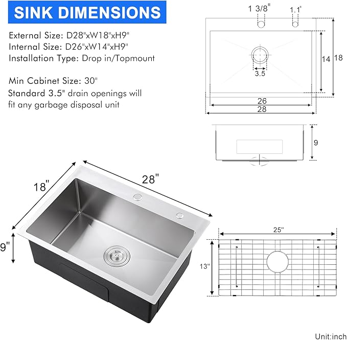 MENATT 28x18 Inch Drop in Kitchen Sink, 304 Stainless Steel Single Bowl with Dual Faucet Holes & Bottom Grid Mat, X-Shape Drain, 9" Deep for Large Kitchen, Wet Bar, Laundry Room