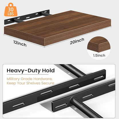 Floating Shelves Set of 2, 12 Inch Deep Floating Shelves with Heavy Duty Brackets, 20'' Rustic Wood Wall Mounted Shelf for Bathroom, Bedroom, Living Room & Kitchen, Modern Home Decor Storage, Walnut