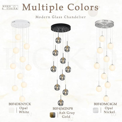 KoKo&Yukina 10 Light Globe Pendant Light Adjustable Hanging Light Staircase Chandelier Milk Glass Pendant Lights with Milky White Glass Shade Globe Lights for Staircase