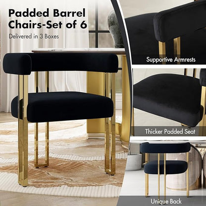 Hyfirm Set of 6 Black and Gold Modern Dining Chairs, Velvet Upholstered Barrel Armchairs with Metal Legs for Kitchen Island, Mid Century Accent Chairs for Dining Room Living Room, Open-Back