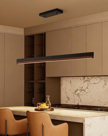71" Wood Linear Pendant Light, Dimmable Kitchen Island Lighting with Remote, 24W LED Wood Linear Chandelier, Adjustable Hanging Pendant Light for Dining Room, Kitchen Island, Office-Walnut