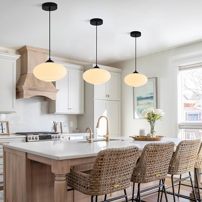Large Milk Glass Pendant Lights Mid Century Modern Globe Pendant Lighting Black Industrial Pendant Lights Kitchen Island Vintage Ribbed Glass Ceiling Light (2 Pack)