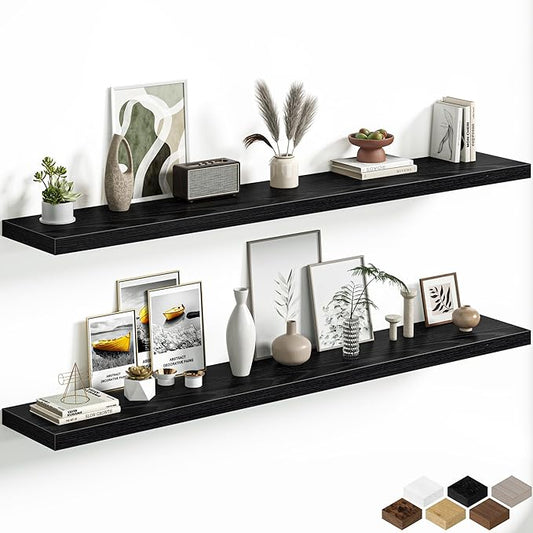 Fun Memories 72 Inch Floating Shelves, 12 Inch Deep Wall Shelf for Fireplace Mantel, Black Deep Storage Shelves for Home & Office, Long Floating Shelf with Invisible Bracket, Set of 2