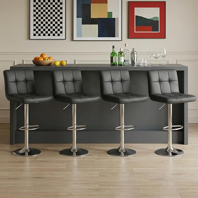 DUMOS Bar Stools Set of 4, 24 inch Counter Height Bar Stools, Upholstered Modern Kitchen Barstools with Metal Base, PU Leather Saddle Stools for Kitchen Island, Inky Black