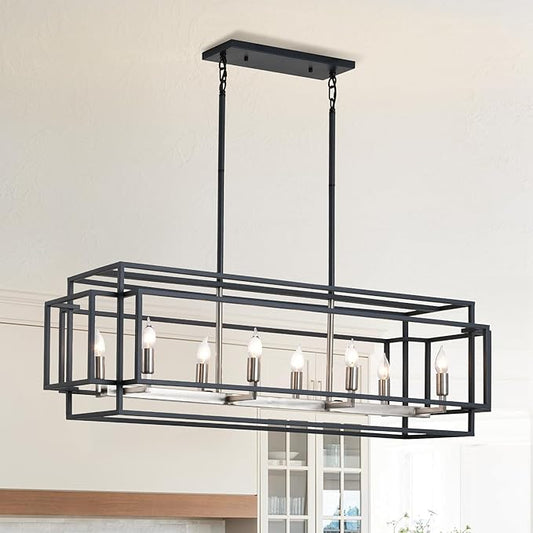 WJShome Kitchen Island Lighting, 8-Light Farmhouse Chandeliers for Dining Room, Modern Dining Room Light Fixtures Over Table, Linear Pendant Lights Kitchen Island（Black & Brushed Nickel）