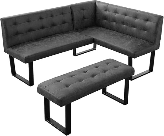 HIPIHOM Modern L-Shaped Dining Bench, Vintage Fabric Upholstered Corner Sofa with Metal Legs for Kitchen Nook, Living Room, Dining Room (Left Seat)