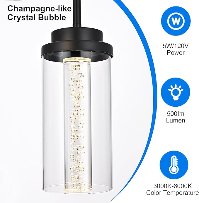 MELUCEE Dimmable LED Pendant Light 3-Light Linear Dining Room Light Fixture Over Table Black Chandelier, 3000K-6000K Adjustable Color Temperature Island Lights with Clear Glass Shade