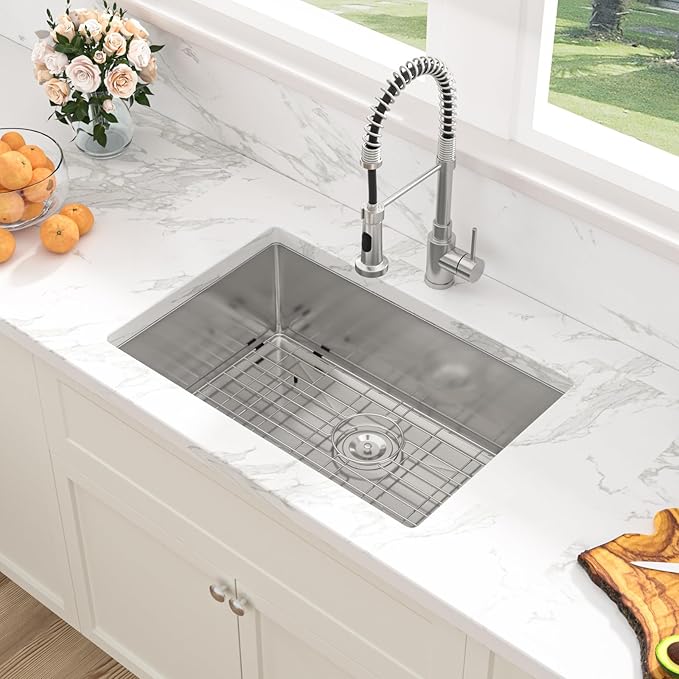 Sarlai 27 Undermount Kitchen Sink - 27 x 18 Kitchen Sink Undermount Single Bowl 16 Gauge Stainless Steel Under Counter Kitchen Sinks Round Corner Basin