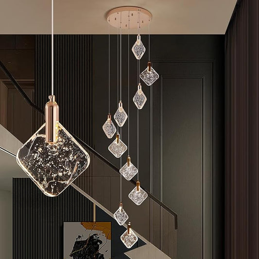 Staircase Crystal Chandelier 10-Light Pendant Light, Modern Square LED H118 High Hanging Ceiling Fixture with Gold Base for Living Room, Dining Room, Kitchen, and Hallway