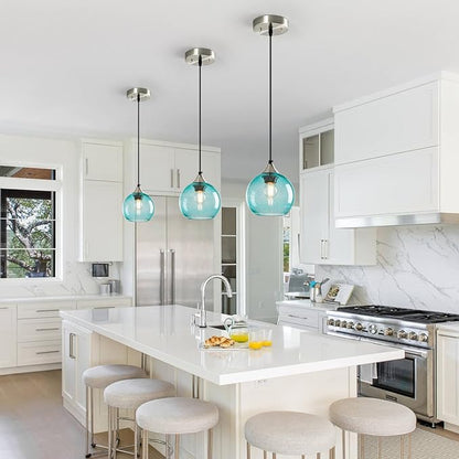 Light Blue Glass Pendant Lights Kitchen Island Globe Pendant Light Fixtures Modern Pendant Lighting for Bedroom Living Dining Room Light Fixture (5.9 in, 1 Pack)