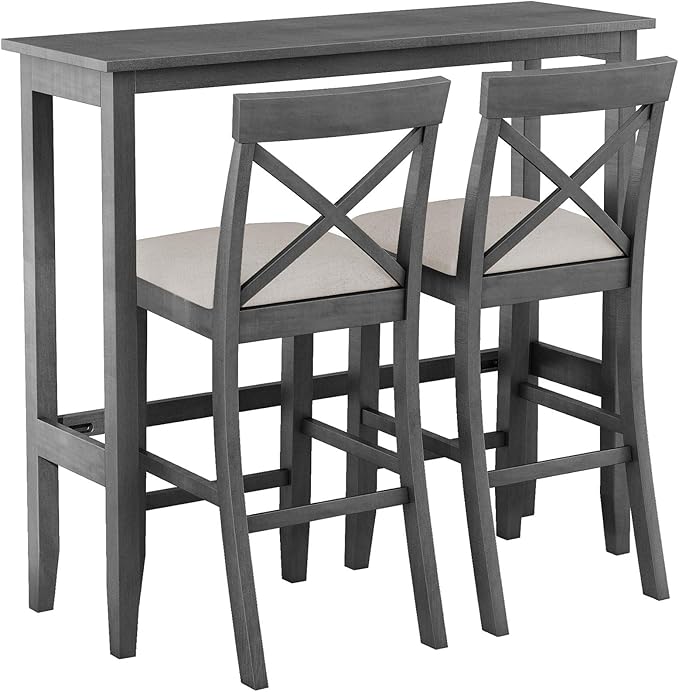 LUMISOL 3 Piece Pub Bar Table and Chair Set, Small Wood Counter Height Table Set, 3 Piece High Top Kitchen Table Set for Breakfast Nook, Gray