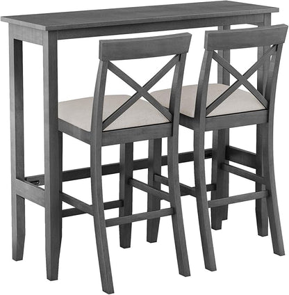 LUMISOL 3 Piece Pub Bar Table and Chair Set, Small Wood Counter Height Table Set, 3 Piece High Top Kitchen Table Set for Breakfast Nook, Gray