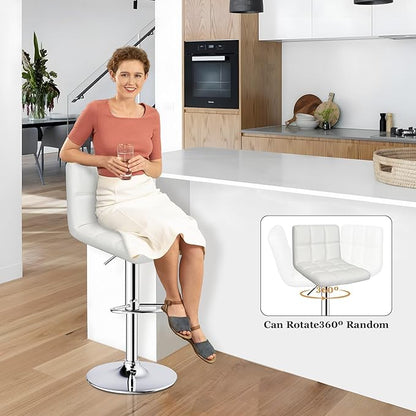 ERGOSEAT Bar Stools Set of 2,Armless Adjustable Swivel Barstools with Back,6-Squares Double Needle PU Leather Counter Height Bar Stools for Kitchen Island,White