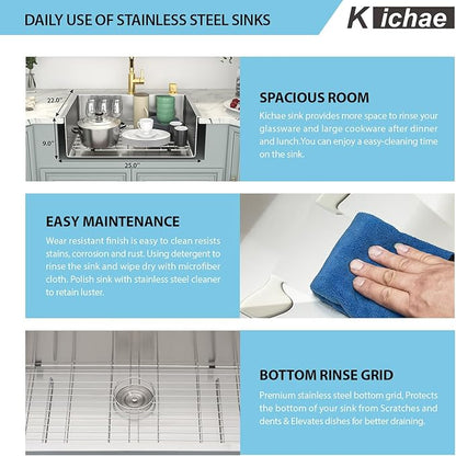 Kichae 25 Inch Drop In Kitchen Sink - 25x22 Drop Sink Stainless Steel 16 Gauge Single Bowl Topmount Deep Basin Drop Kitchen Sinks Round Corner Handmade Sink
