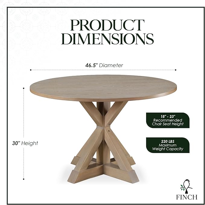 Finch Alfred Solid Wood Round Dining Table for 4, Farmhouse Kitchen and Dining Room Table with Rustic Pedestal Trestle Base, 46.5 Inch, Distressed Beige