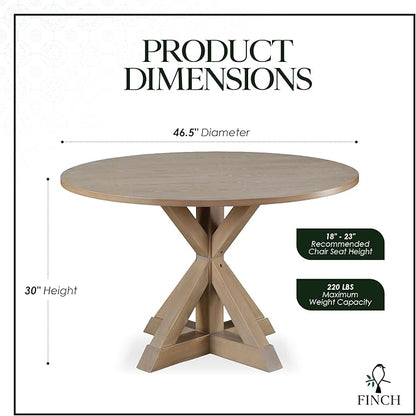 Finch Alfred Solid Wood Round Dining Table for 4, Farmhouse Kitchen and Dining Room Table with Rustic Pedestal Trestle Base, 46.5 Inch, Distressed Beige