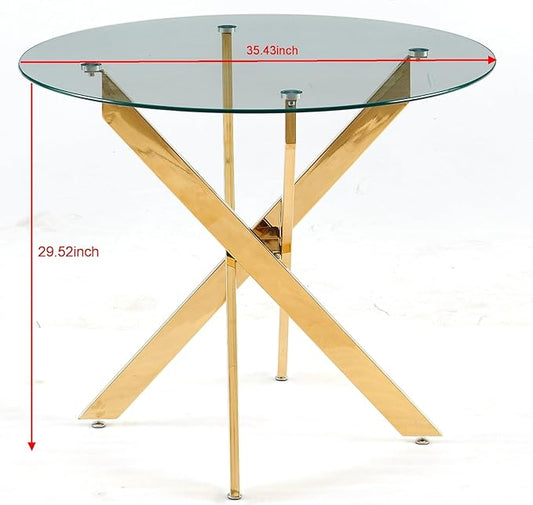 SSLine 35.4" Round Glass Dining Table for 2-4 Modern Circle Glass Tabletop Kitchen Table for 4 Luxury Dinner Tables with Gold Metal Legs for Home Kitchen Dining Room(Table Only)