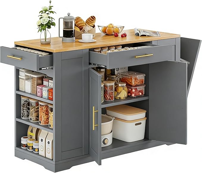 DWVO Large Kitchen Island with Trash Can Cabinet, 53 Inch Kitchen Island on Wheels, Rolling Island with Tilt-Out Garbage Storage Fits 13 Gallon Bin, Spice Rack and Drawer, for Dining Room, Gray