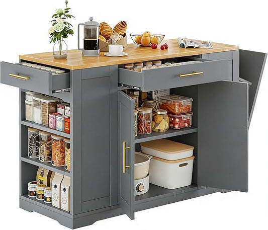 DWVO Large Kitchen Island with Trash Can Cabinet, 53 Inch Kitchen Island on Wheels, Rolling Island with Tilt-Out Garbage Storage Fits 13 Gallon Bin, Spice Rack and Drawer, for Dining Room, Gray
