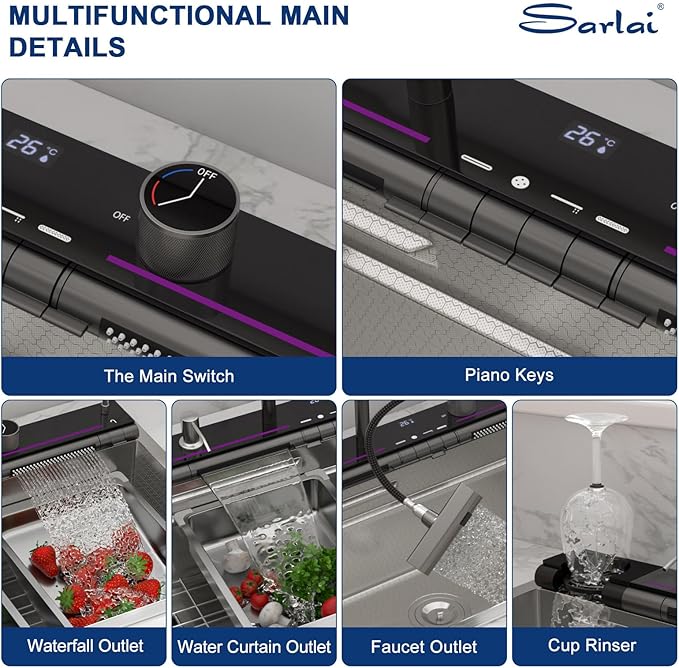Sarlai 30 Inch Waterfall Kitchen Sink - 30x19 Inch Drop In Workstation Sink With Waterfall Stainless Steel 16 Gauge Multifunction Single Bowl Top Mount Kitchen Sinks with HoneyComb Finish