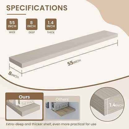Dreamland 55 Inches Floating Shelves for Wall, 8" Deep Long Floating Shelves Set of 1, Large Display & Storage Shelf, Wall Shelf for Bathroom Bedroom Living Room Kitchen Office, Grey
