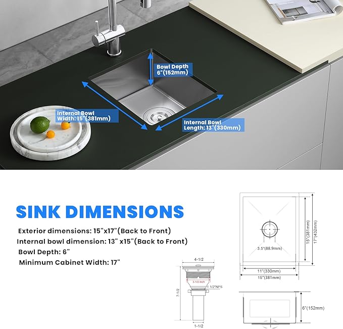 POPFLY 15x17 Inch Undermount Sink, 18 Gauge 304 Stainless Steel Single Bowl Kitchen Bar Prep Sink Handmade Small 6 Inches Deep, Brushed Sinks