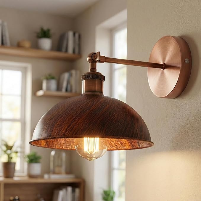 Dome Metal Wall Sconce, 180° Adjustable Industrial Wall Lamp for Bedside, Study, Kitchen, and Living Room Decor. (Rustic Red*)