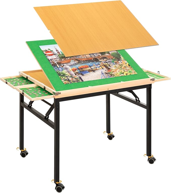 Puzzle Table with 4 Drawers & Legs & Cover 1500 Piece Foldable Adjustable Jigsaw Table with Wheels Wooden Portable No Assembly Puzzle Tables for Adults and Seniors Gifts