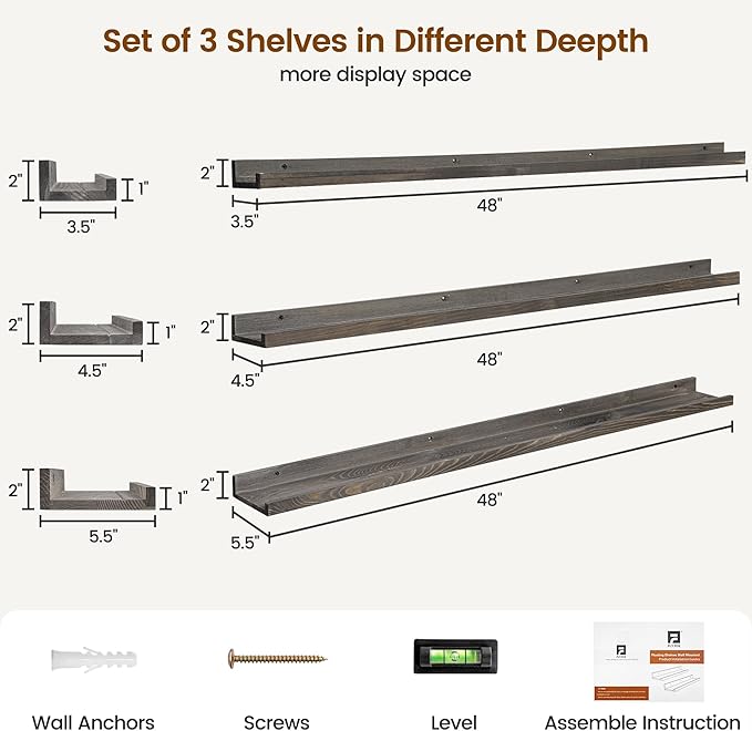 FLYJOE Picture Ledge Wall Shelves 48 Inches Width Set of 3, Solid Pine Wood Rustic Floating Ledge for Kids' Room Bedroom Kitchen Bathroom, Long Floating Shelves for Wall Decor, Grey