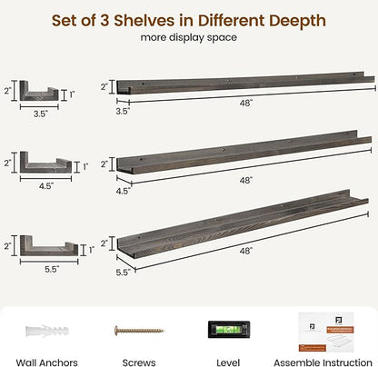 FLYJOE Picture Ledge Wall Shelves 48 Inches Width Set of 3, Solid Pine Wood Rustic Floating Ledge for Kids' Room Bedroom Kitchen Bathroom, Long Floating Shelves for Wall Decor, Grey