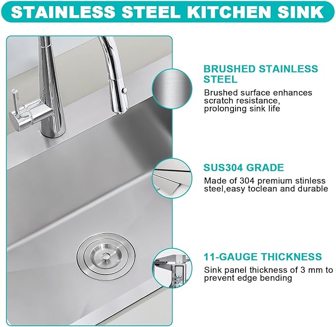 24x18 Inch Drop in Kitchen Sink, 304 Stainless Steel Single Bowl with Bottom Grid Mat & X-Shape Drain, 9" Deep Compact Sink for Small Kitchen, Apartment, RV, Wet Bar, Office, Laundry Room
