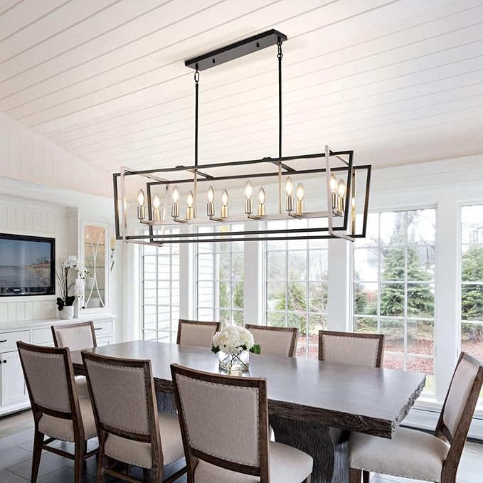 WJShome Dining Room Light Fixture/Chandelier Over Table, 12-Light Kitchen Island Lighting, 40" Hanging for Farmhouse Linear Chandeliers Modern Black and Brushed Nickel Ceiling Pendant Light Fixtures