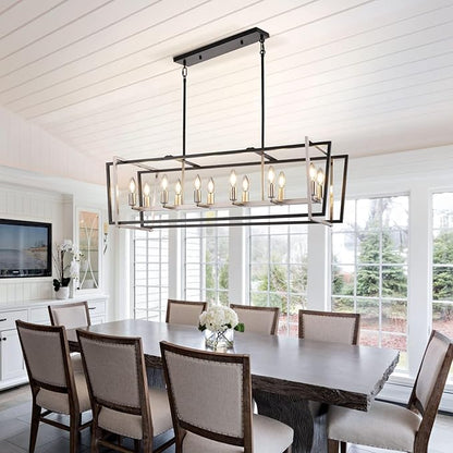 WJShome Dining Room Light Fixture/Chandelier Over Table, 12-Light Kitchen Island Lighting, 40" Hanging for Farmhouse Linear Chandeliers Modern Black and Brushed Nickel Ceiling Pendant Light Fixtures