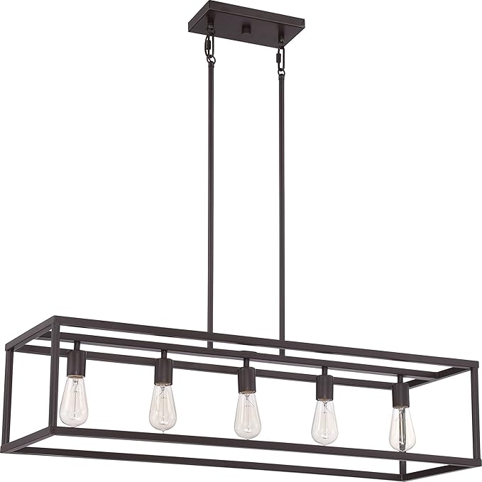 Quoizel New Harbor Linear Chandelier, 38 Inch 5-Light Western Bronze Open-Frame Pendant Lights, 100W, Max Adjustable Height 50", Island Chandelier for Kitchen, Over the Dining Table or Living Room