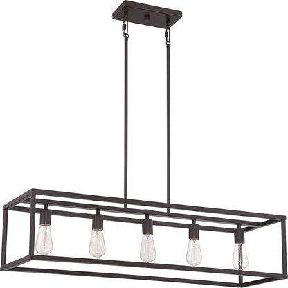 Quoizel New Harbor Linear Chandelier, 38 Inch 5-Light Western Bronze Open-Frame Pendant Lights, 100W, Max Adjustable Height 50", Island Chandelier for Kitchen, Over the Dining Table or Living Room