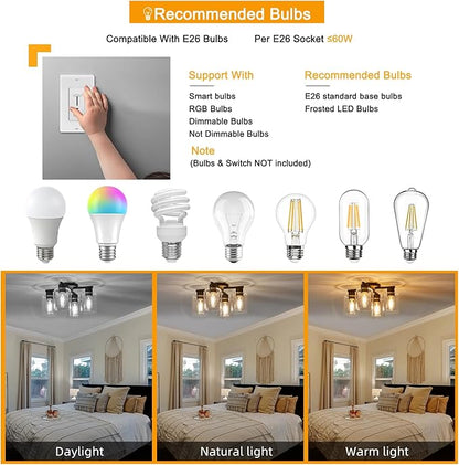 YYT Semi Flush Mount Ceiling Light Black 4-Light Kitchen Ceiling Light fixtures Kitchen Lighting Fixtures Cieling with Glass Shade for Bedroom Foyer Dinning Room